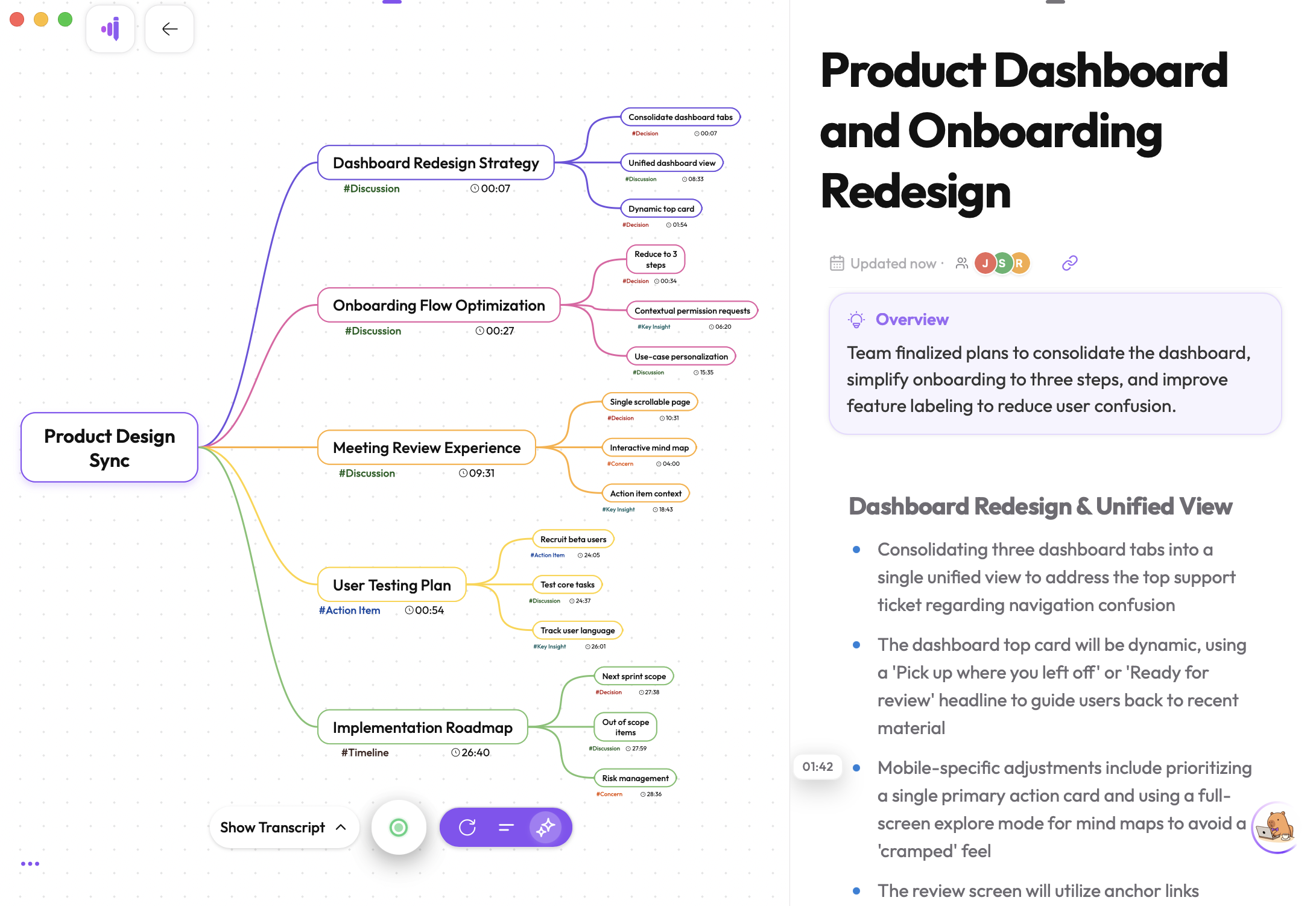 A meeting note with mind map on the left and AI notes on the right