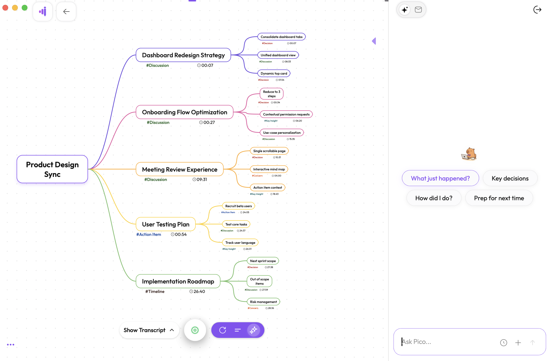 The Pico chat panel inside a meeting note