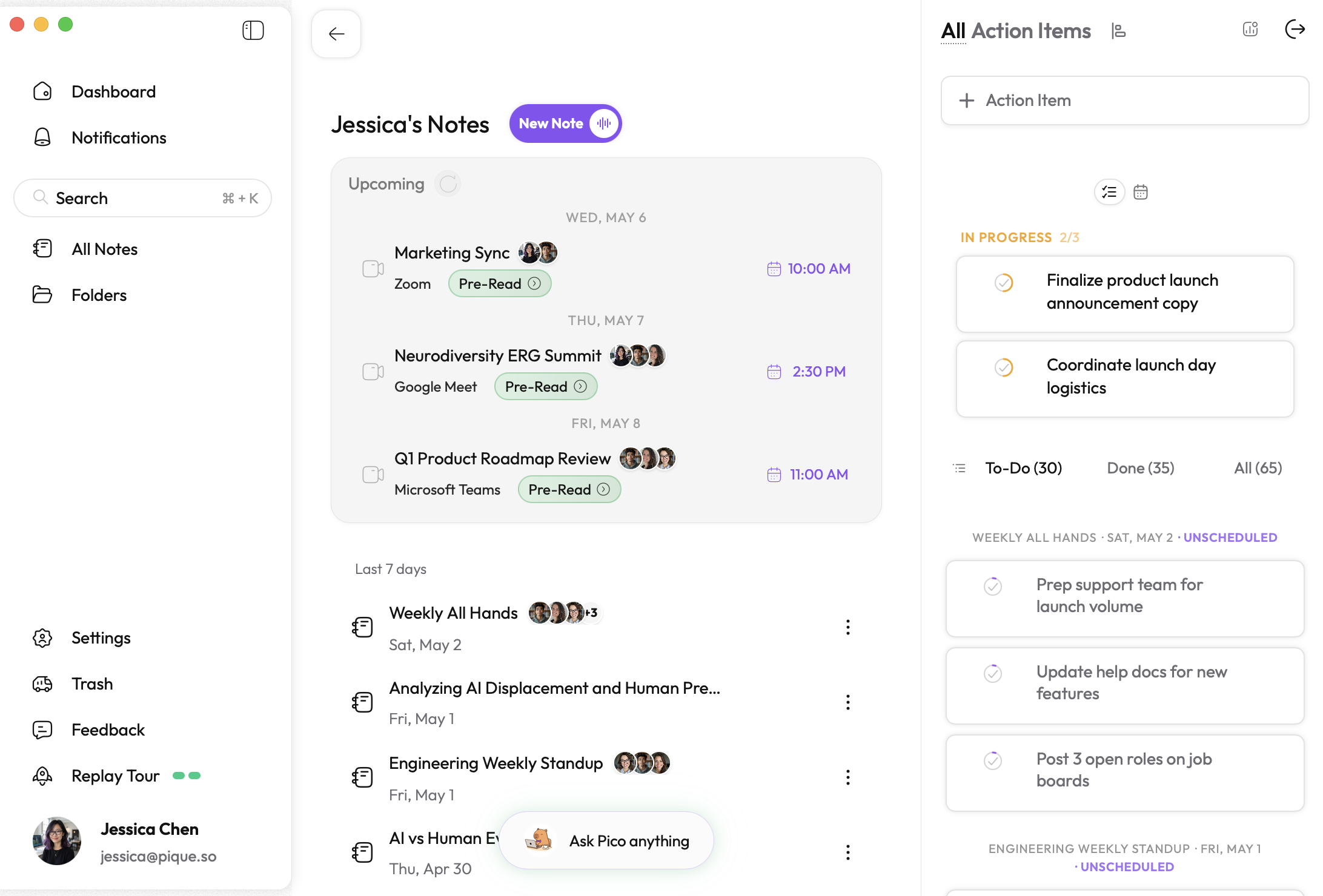 Pique Dashboard — sidebar, upcoming meetings, and Action Items panel