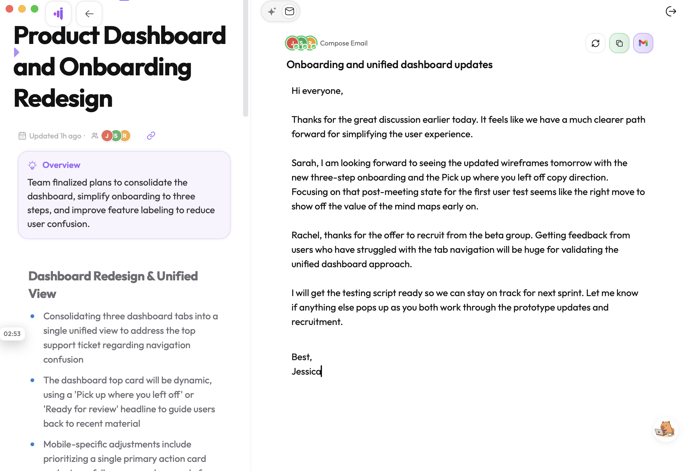 A follow-up email draft inside the meeting note