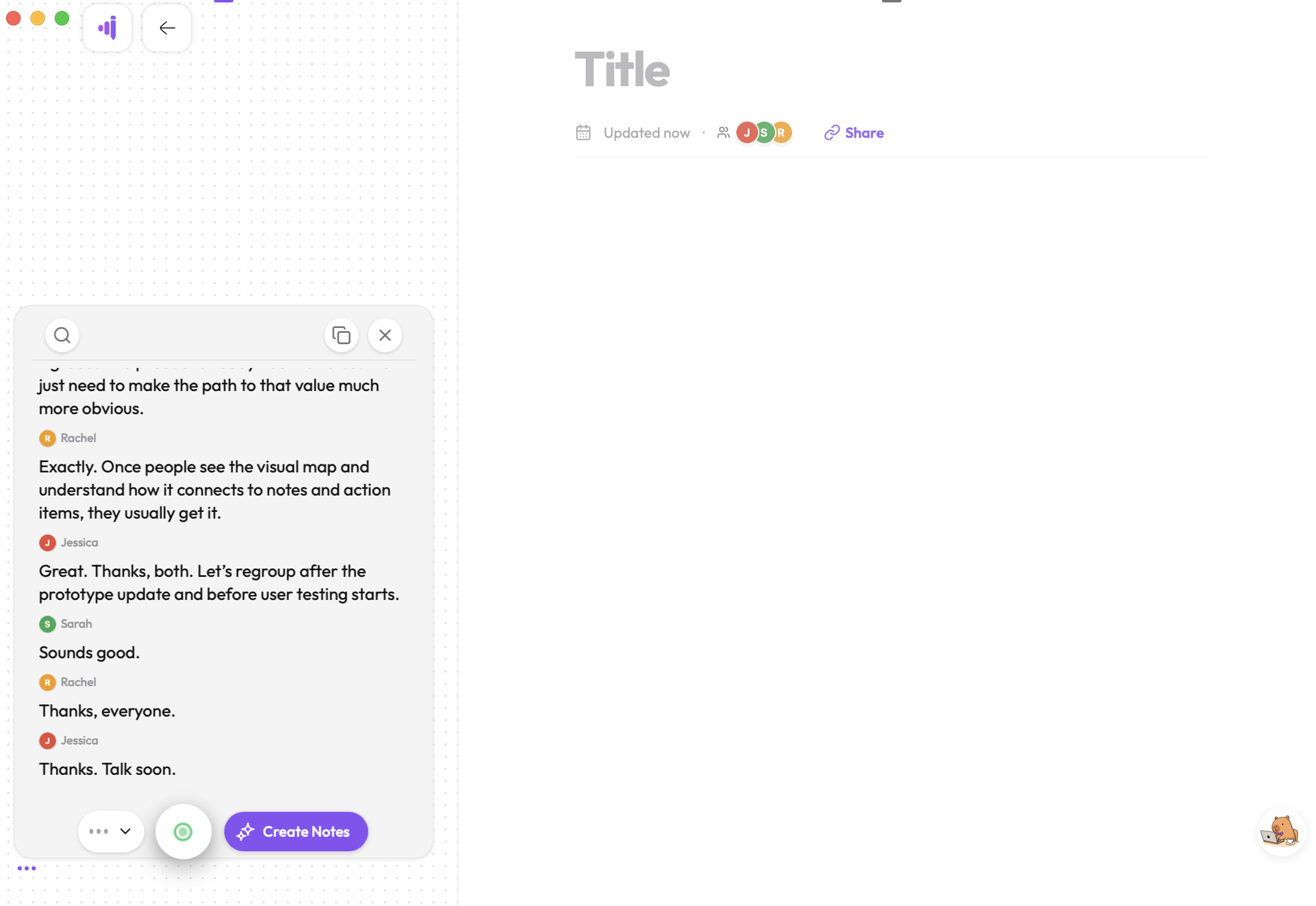 Live transcript above the bottom dock with the green record button
