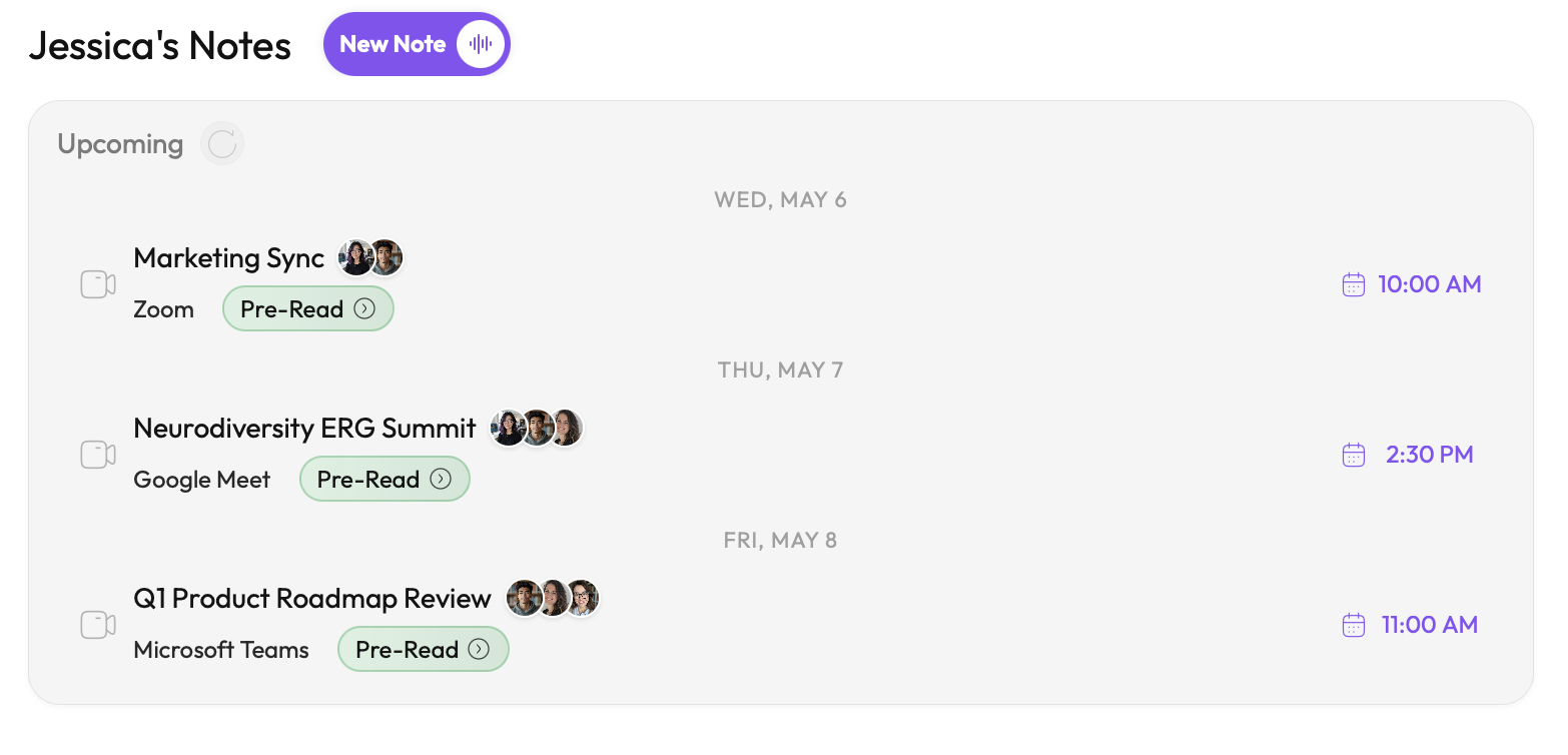 Upcoming meetings on the Dashboard
