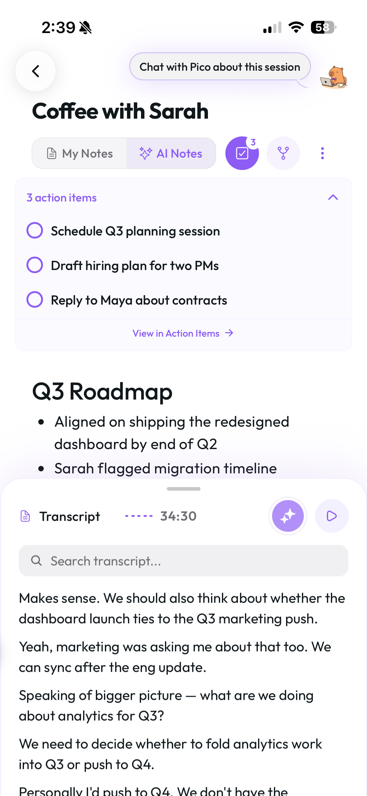 AI Notes view with My Notes / AI Notes tabs, structured Q3 Roadmap headings, action items, and live transcript dock