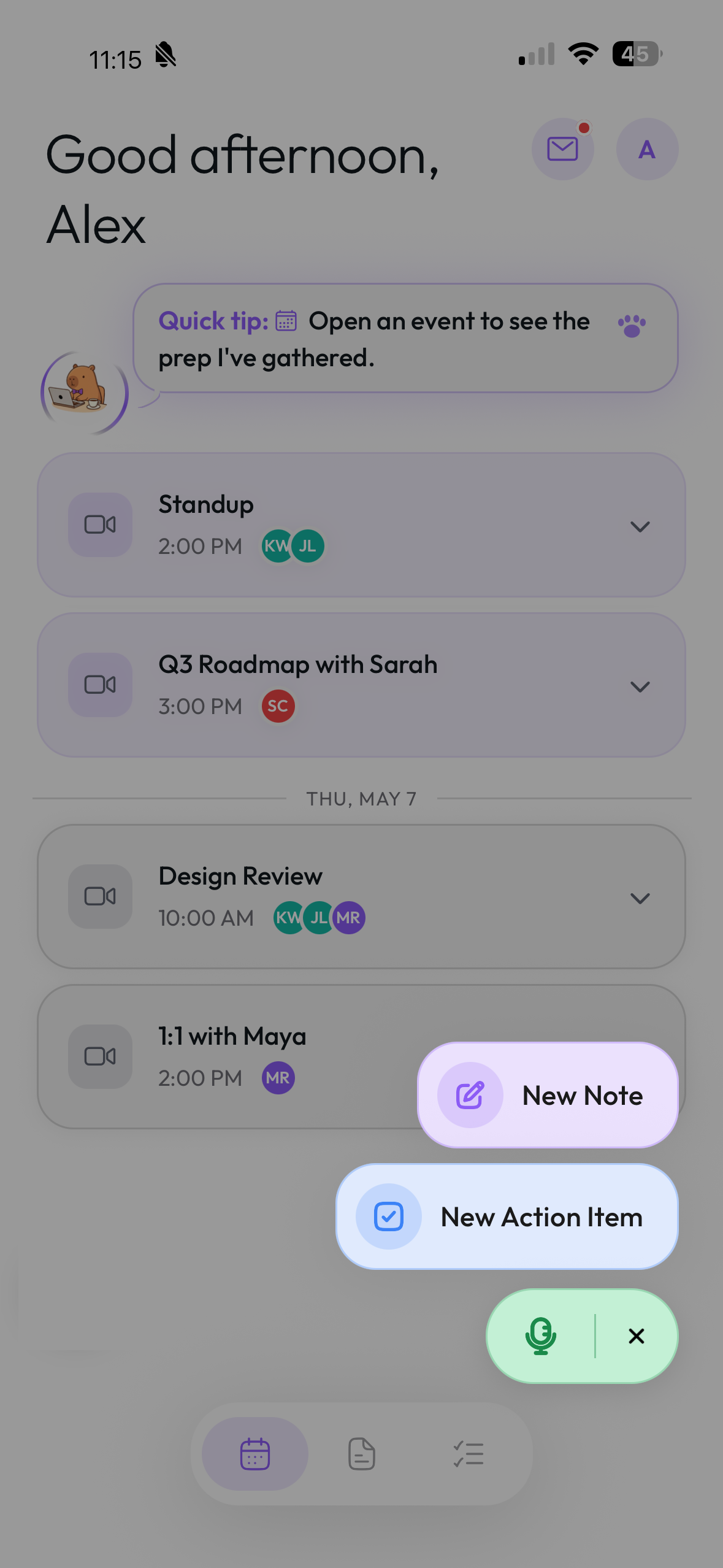 Events tab — Pico greeting + today's meetings + + button menu open