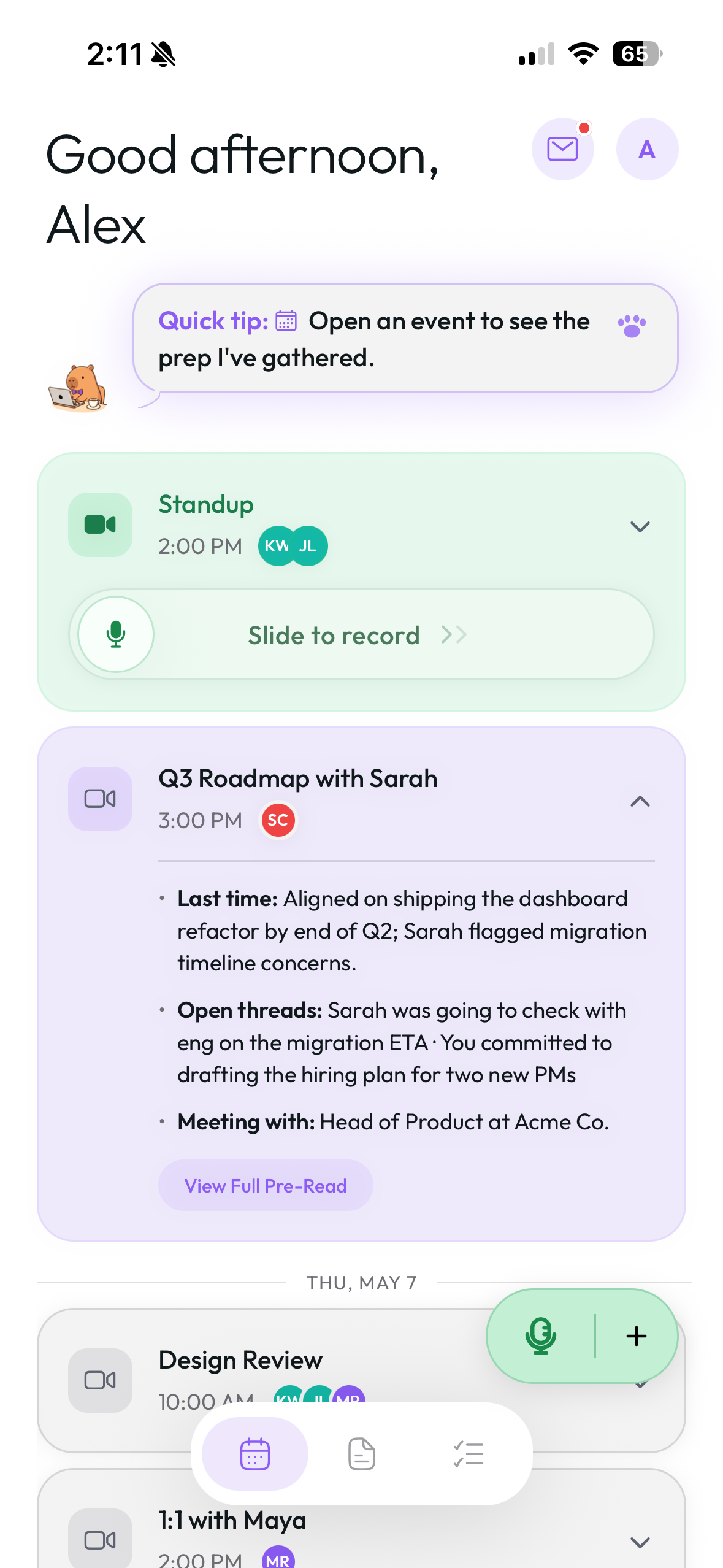 Event card with slide-to-record bar visible and Pre-Read expanded